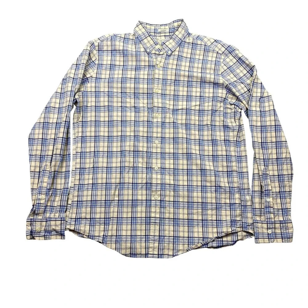 J Crew Classic Fit Button Down Shirt Mens Large Blue Plaid Secret‎ Wash Stretch